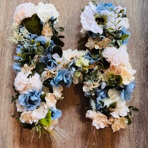 Floral Letter “H” Wall Decor – Blue, Cream & Green Artificial Flowers – Farmhous